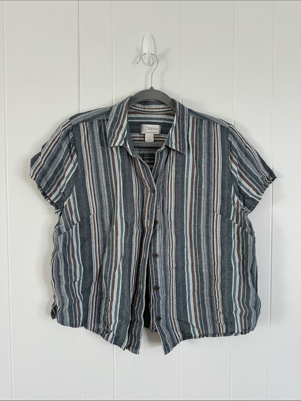 CJ Banks Short-Sleeve Vertical Stripe Shirt in Blue, Brown & White